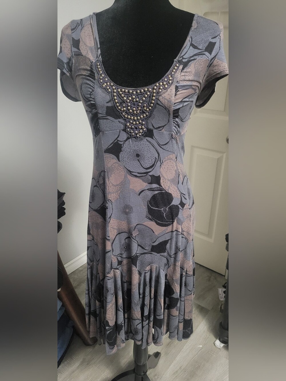 Vintage Free People Small Studded Scoop Neck Blue Floral Godet Hem Dress
